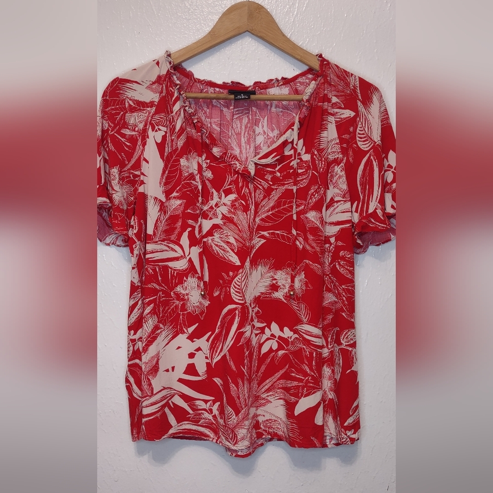 Liz Claiborne Red and White Floral Blouse Women's Size Large